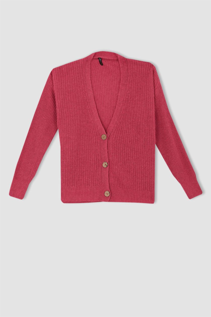 Kadın Pembe Regular Fıt V Yaka Selanik Kumaş Hırka