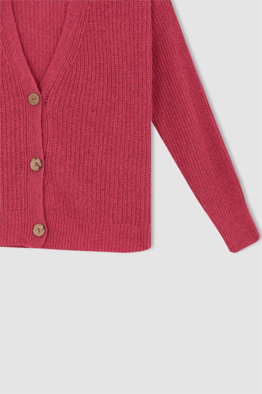 Kadın Pembe Regular Fıt V Yaka Selanik Kumaş Hırka