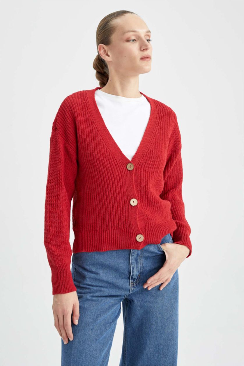 حريمي أحمر كارديجان محاك قصة عادية بياقة V