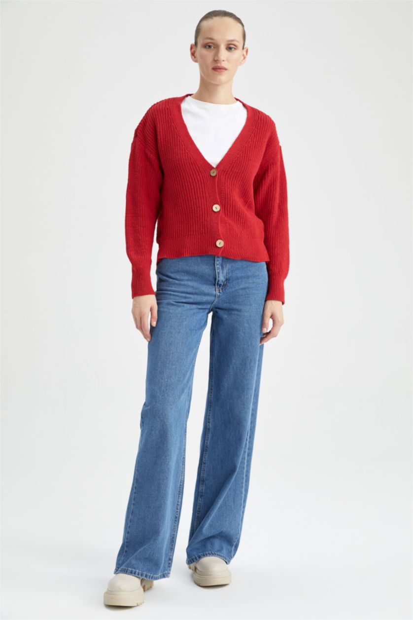 حريمي أحمر كارديجان محاك قصة عادية بياقة V