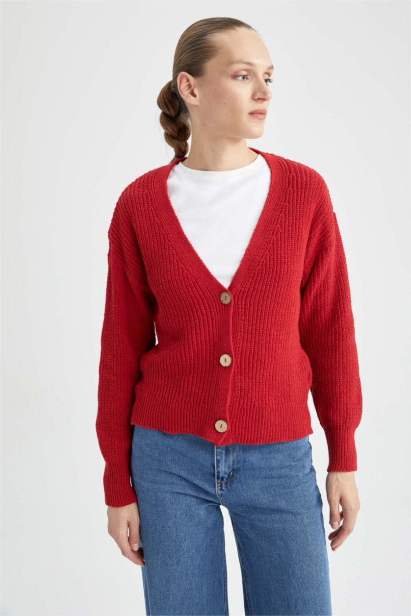 حريمي أحمر كارديجان محاك قصة عادية بياقة V