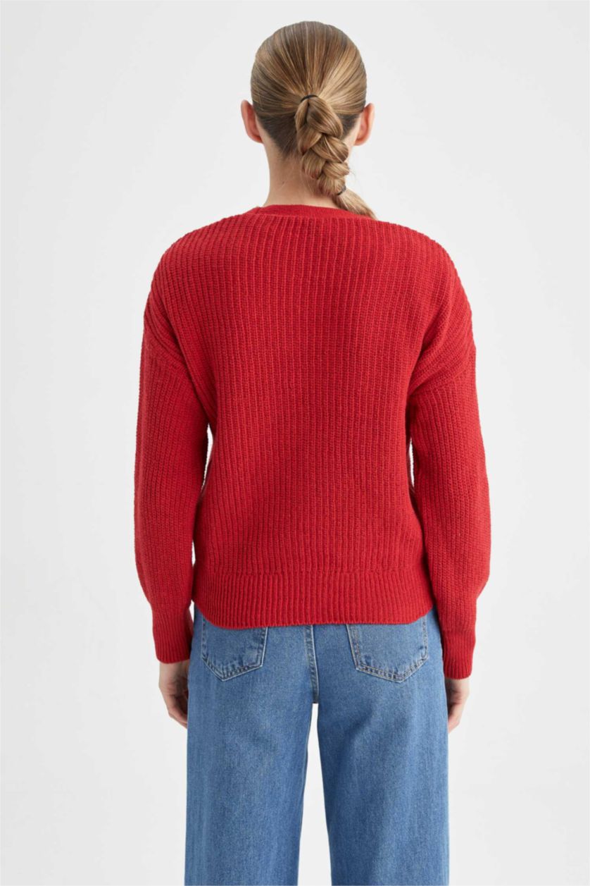 حريمي أحمر كارديجان محاك قصة عادية بياقة V