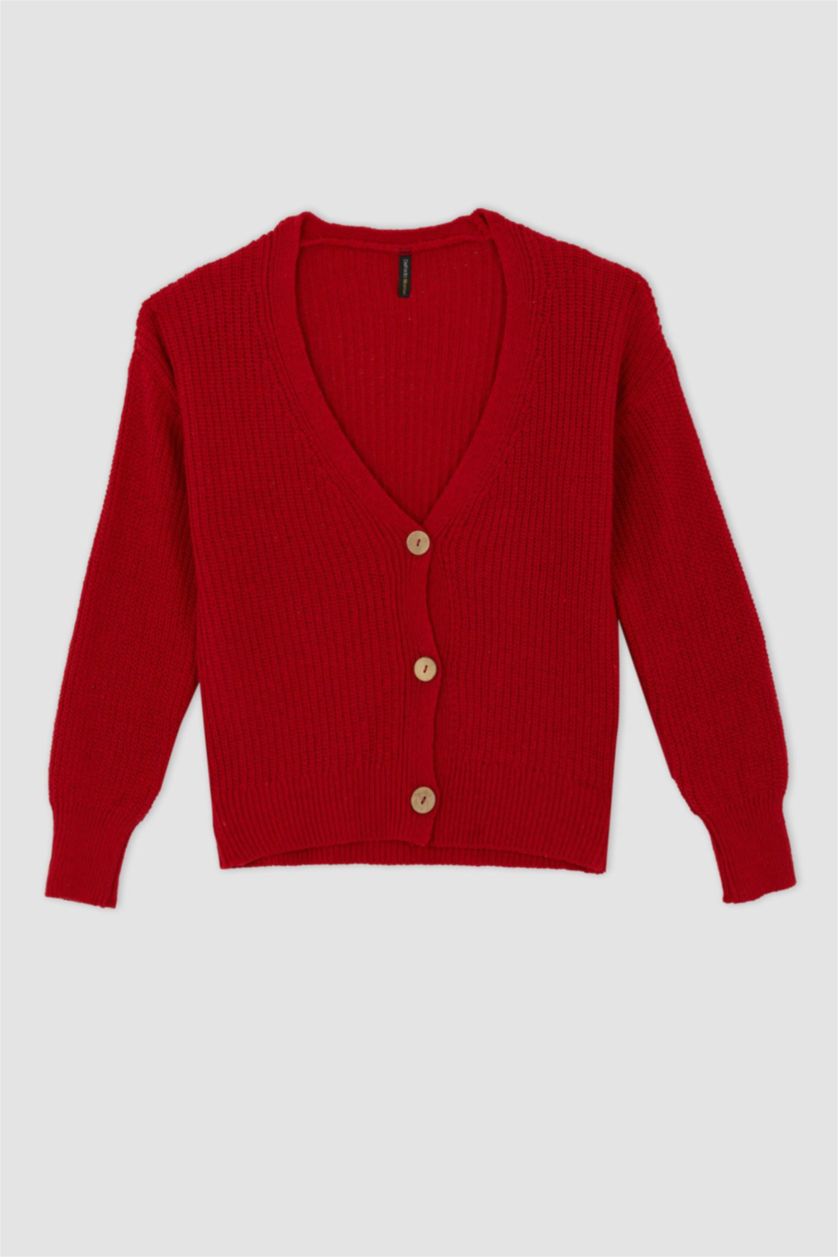 حريمي أحمر كارديجان محاك قصة عادية بياقة V