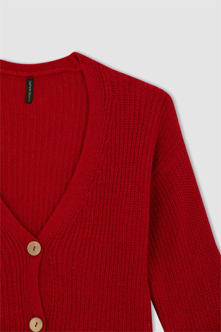 حريمي أحمر كارديجان محاك قصة عادية بياقة V