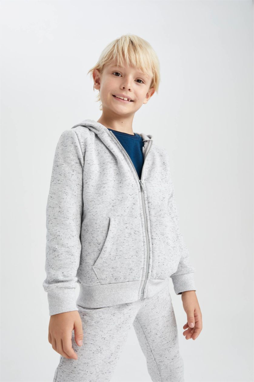 أولاد ميلانج رمادي سترة قماش رقيق قصة عادية بغطاء للرأس