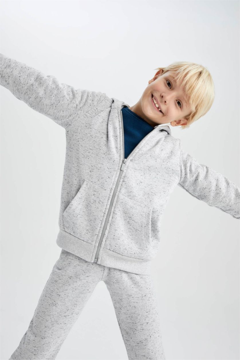 أولاد ميلانج رمادي سترة قماش رقيق قصة عادية بغطاء للرأس