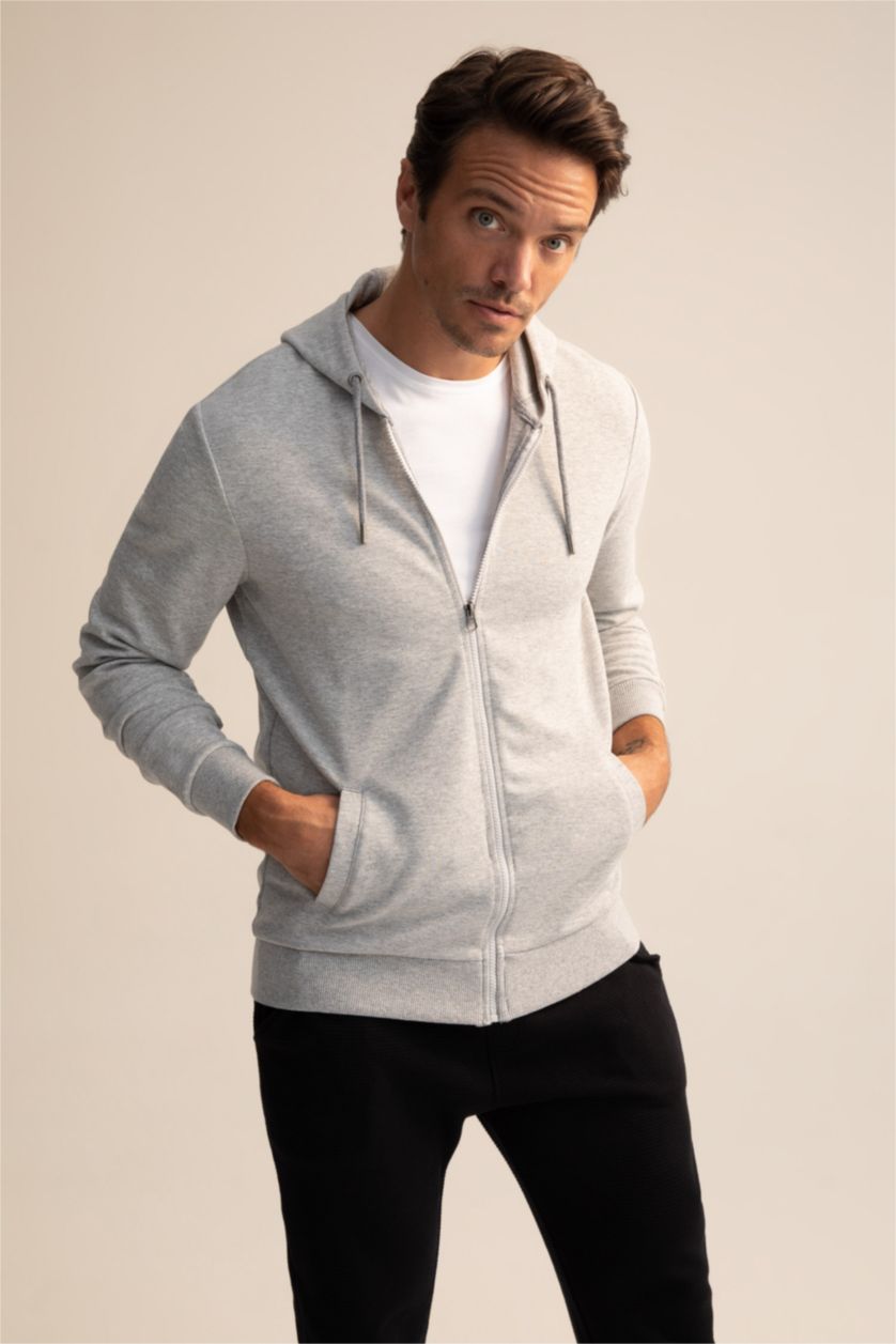 رجالي ميلانج رمادي سويت شيرت بقصة عادية بغطاء للرأس بسحاب