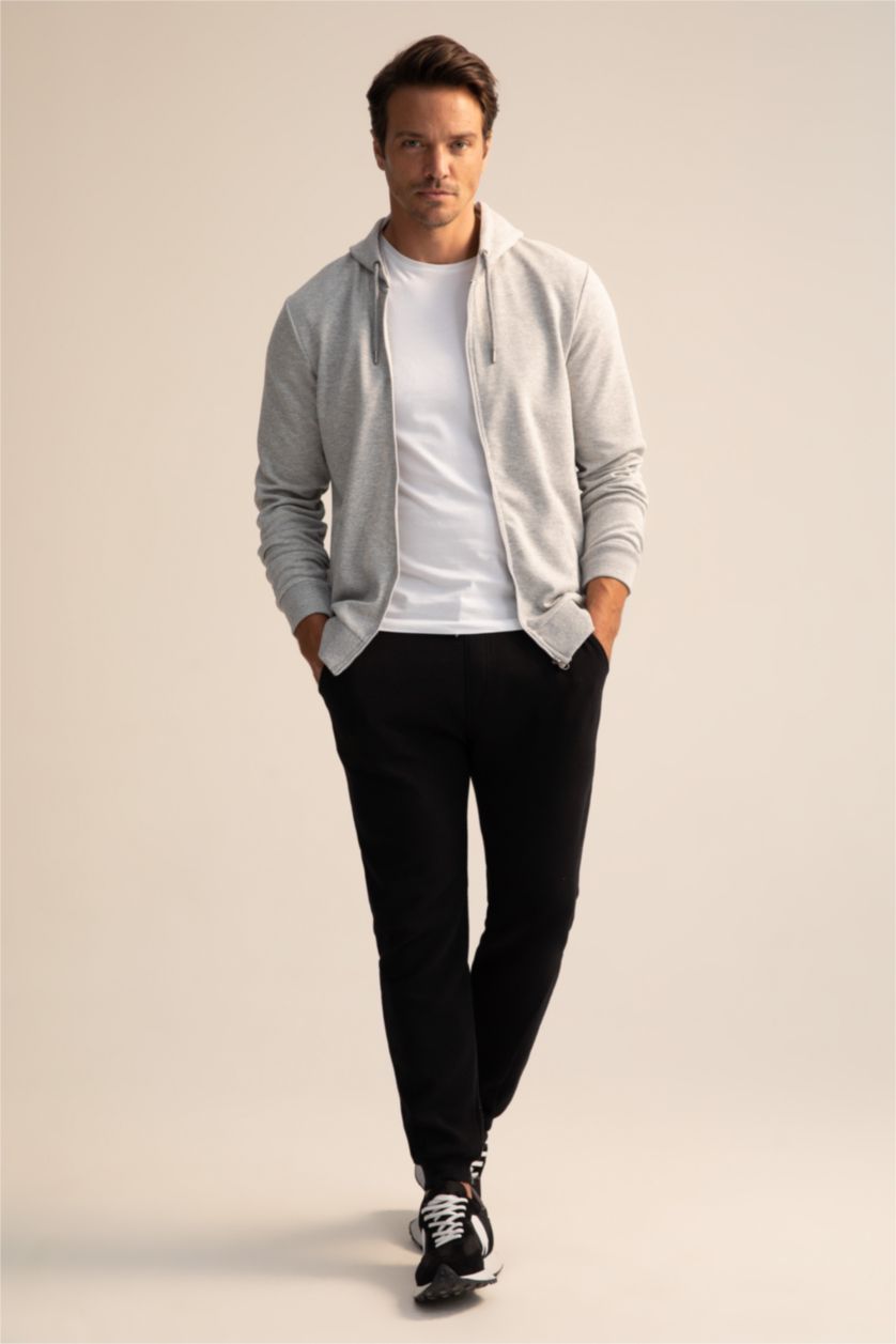 رجالي ميلانج رمادي سويت شيرت بقصة عادية بغطاء للرأس بسحاب