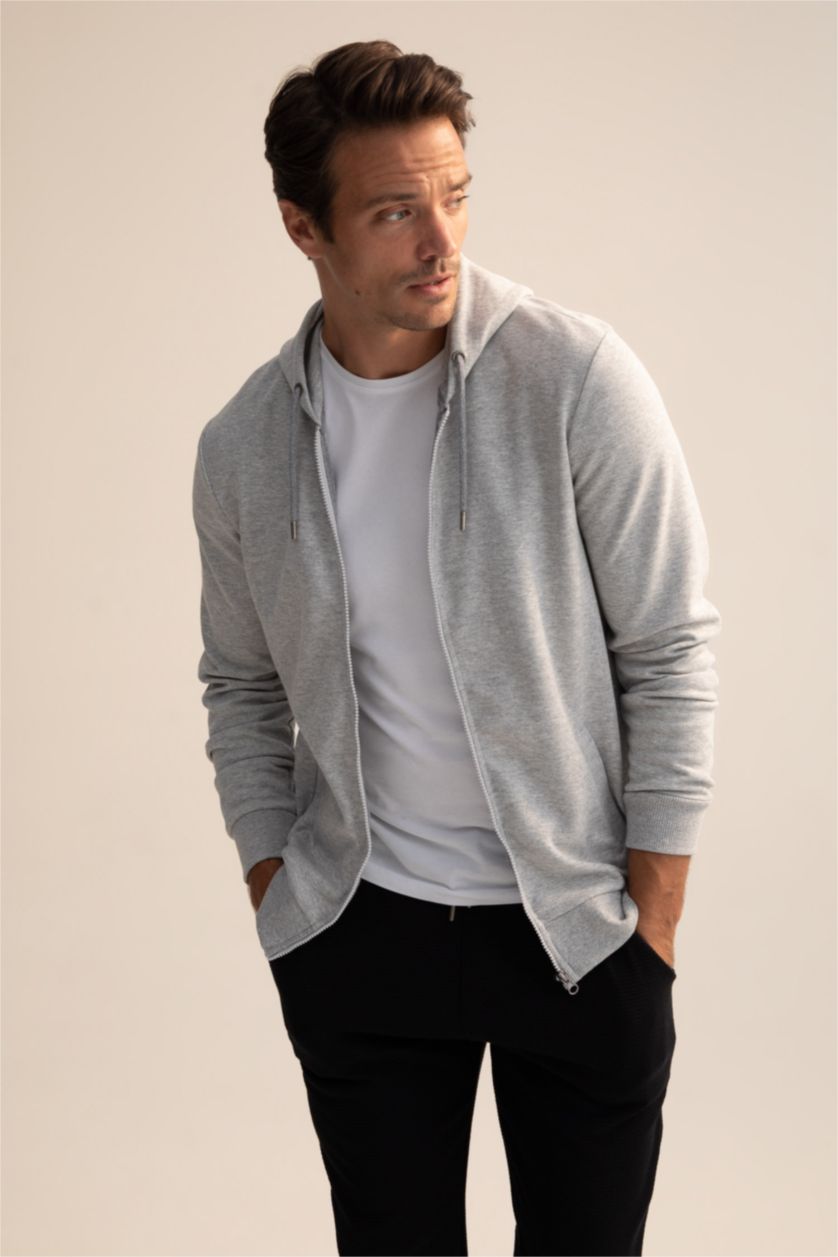 رجالي ميلانج رمادي سويت شيرت بقصة عادية بغطاء للرأس بسحاب