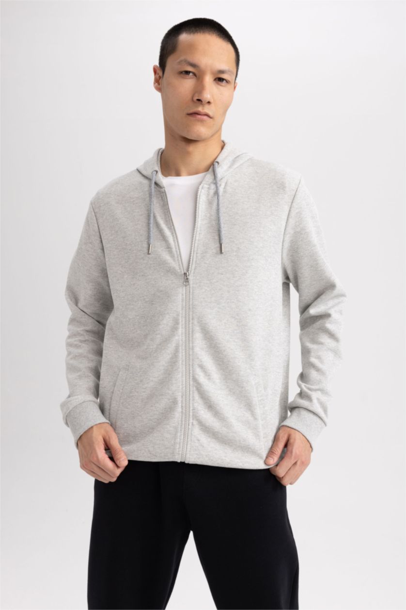 رجالي ميلانج رمادي سويت شيرت بقصة عادية بغطاء للرأس بسحاب