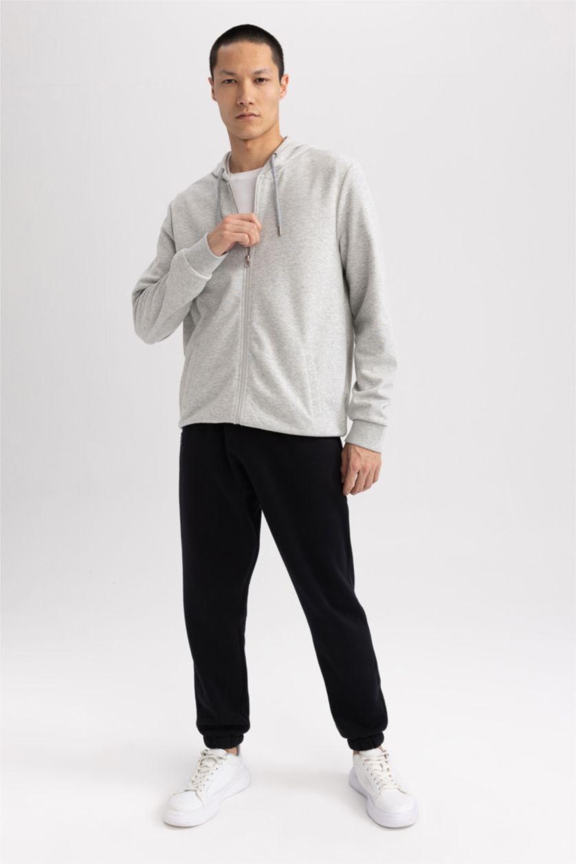 رجالي ميلانج رمادي سويت شيرت بقصة عادية بغطاء للرأس بسحاب