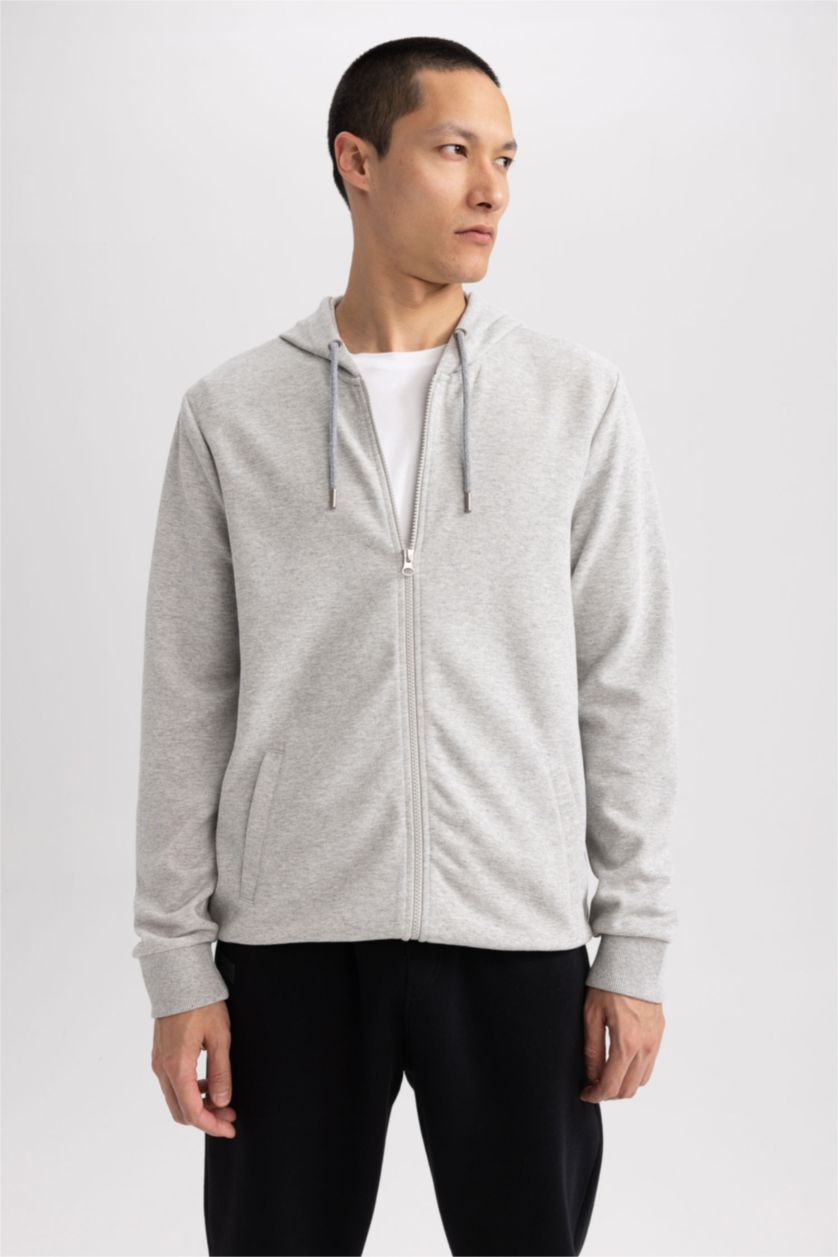 رجالي ميلانج رمادي سويت شيرت بقصة عادية بغطاء للرأس بسحاب