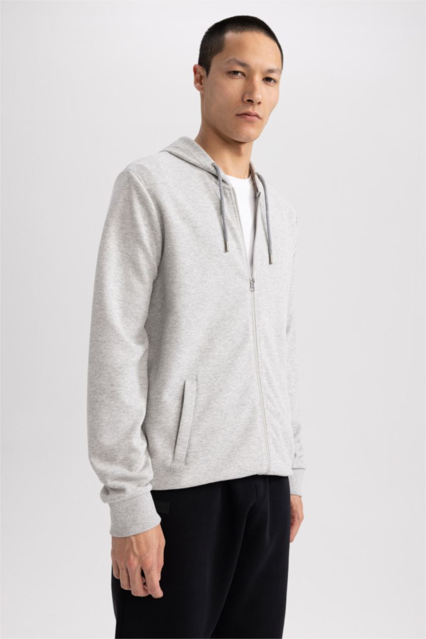 رجالي ميلانج رمادي سويت شيرت بقصة عادية بغطاء للرأس بسحاب