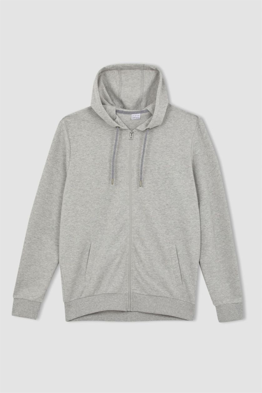 رجالي ميلانج رمادي سويت شيرت بقصة عادية بغطاء للرأس بسحاب