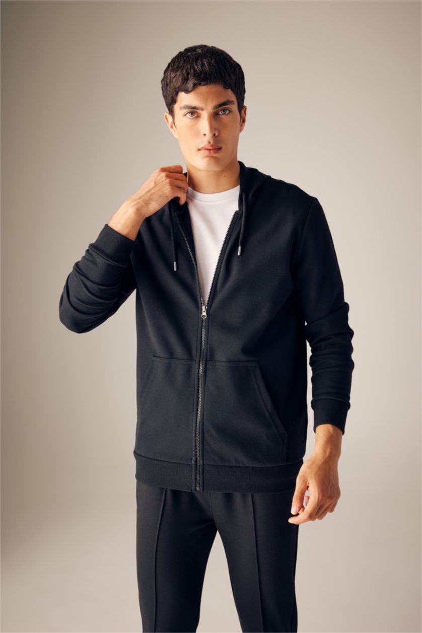 MAN Black Regular Fit Hooded Zippered Sweatshirt