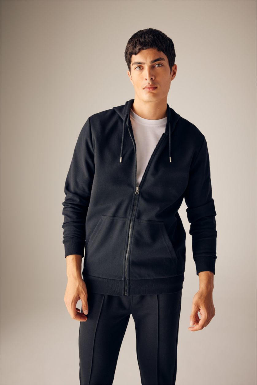 MAN Black Regular Fit Hooded Zippered Sweatshirt