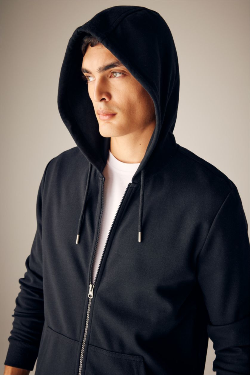 MAN Black Regular Fit Hooded Zippered Sweatshirt