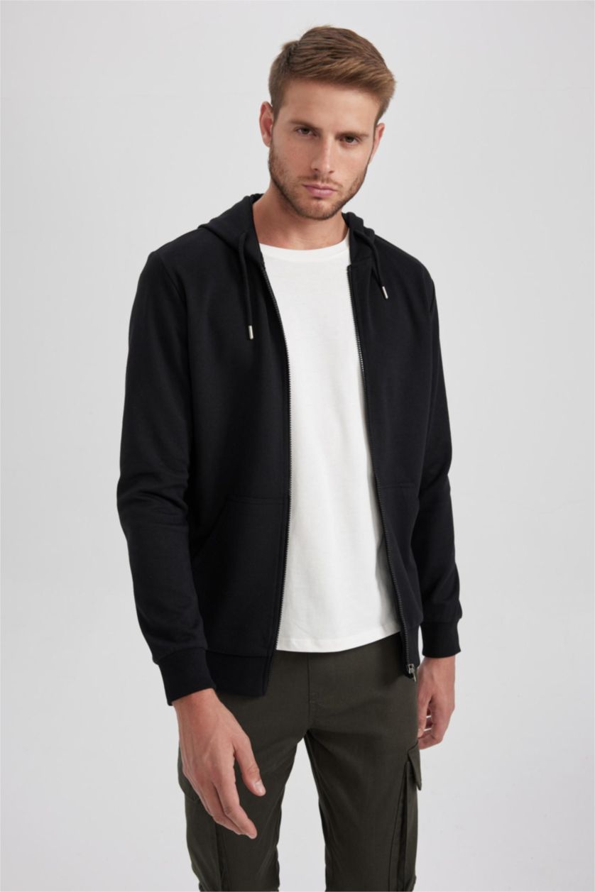 MAN Black Regular Fit Hooded Zippered Sweatshirt