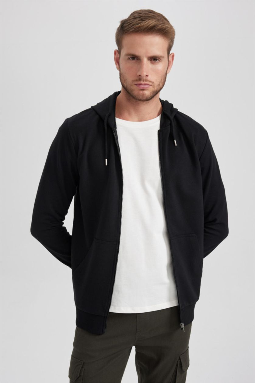 MAN Black Regular Fit Hooded Zippered Sweatshirt