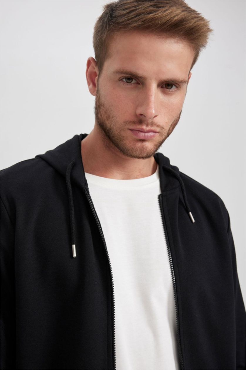 MAN Black Regular Fit Hooded Zippered Sweatshirt