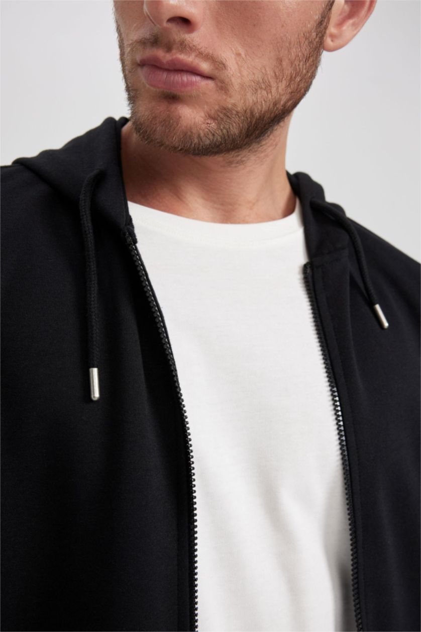 MAN Black Regular Fit Hooded Zippered Sweatshirt