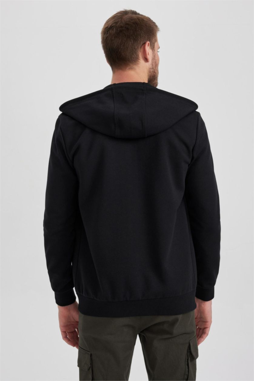 MAN Black Regular Fit Hooded Zippered Sweatshirt