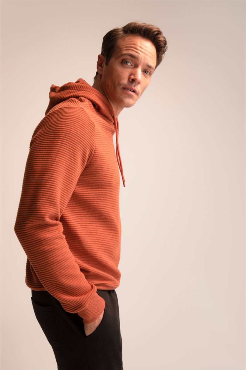 Erkek Turuncu Regular Fit Kapüşonlu Basic Sweatshirt