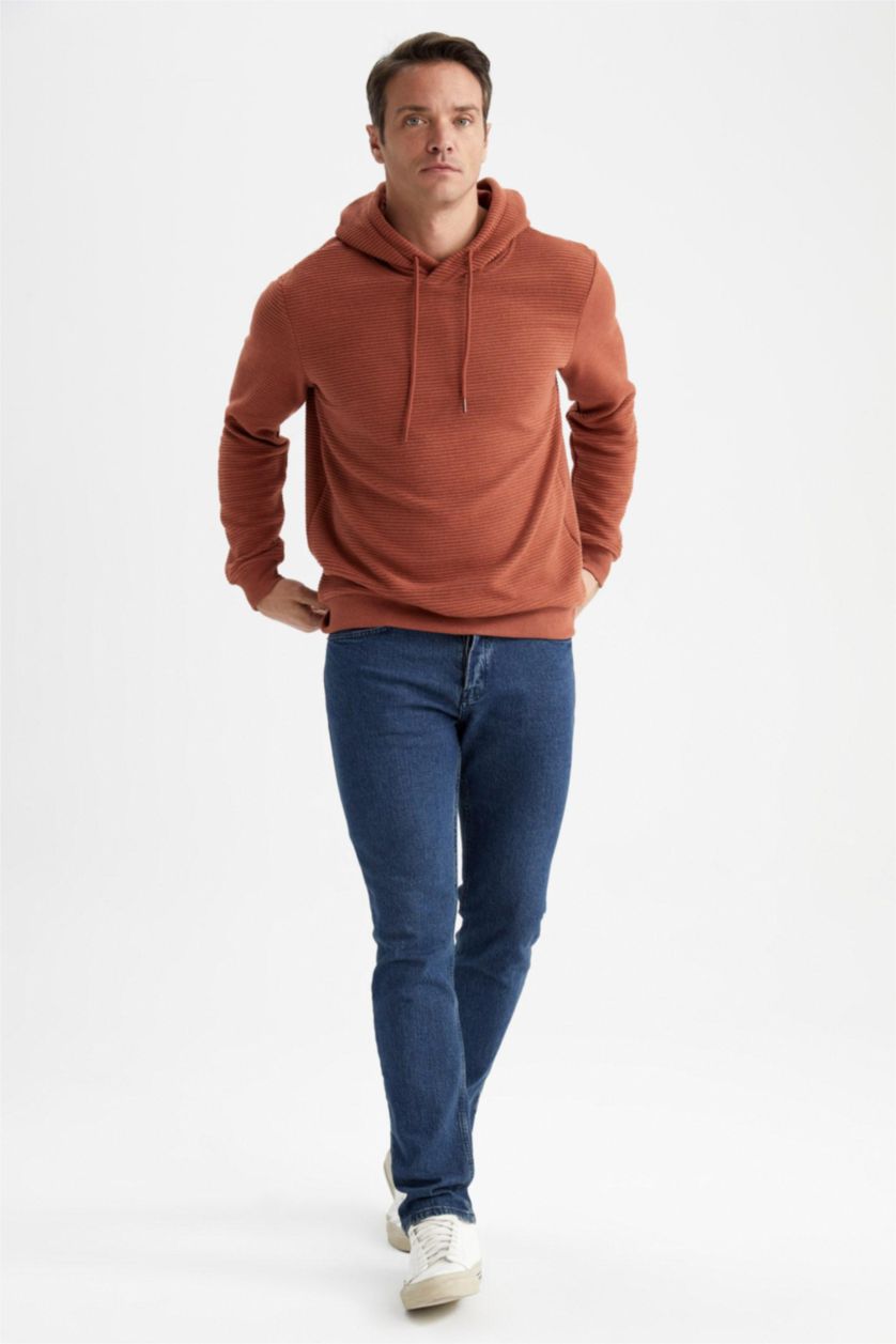 Erkek Turuncu Regular Fit Kapüşonlu Basic Sweatshirt