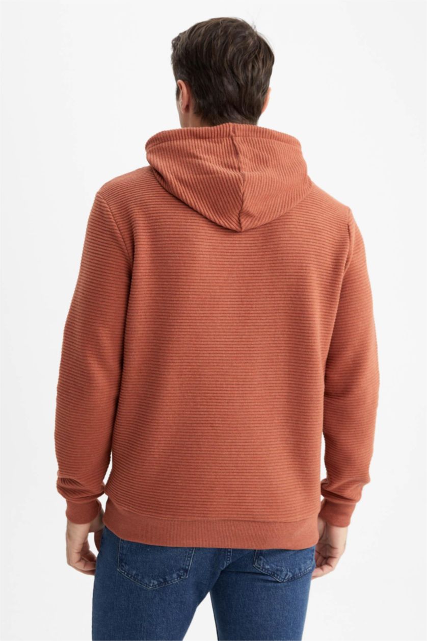 Erkek Turuncu Regular Fit Kapüşonlu Basic Sweatshirt