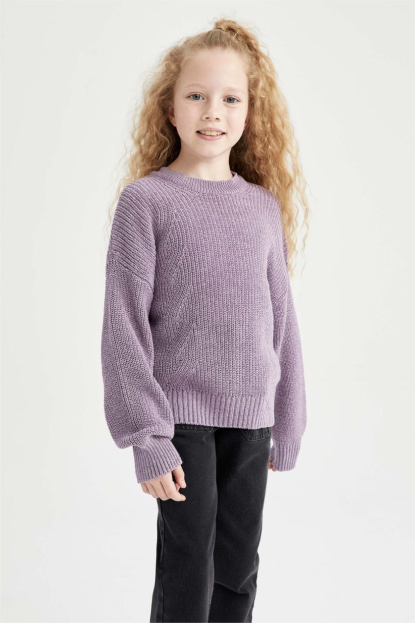 FILLES Violet Clair Pull Tricot Col rond Fille