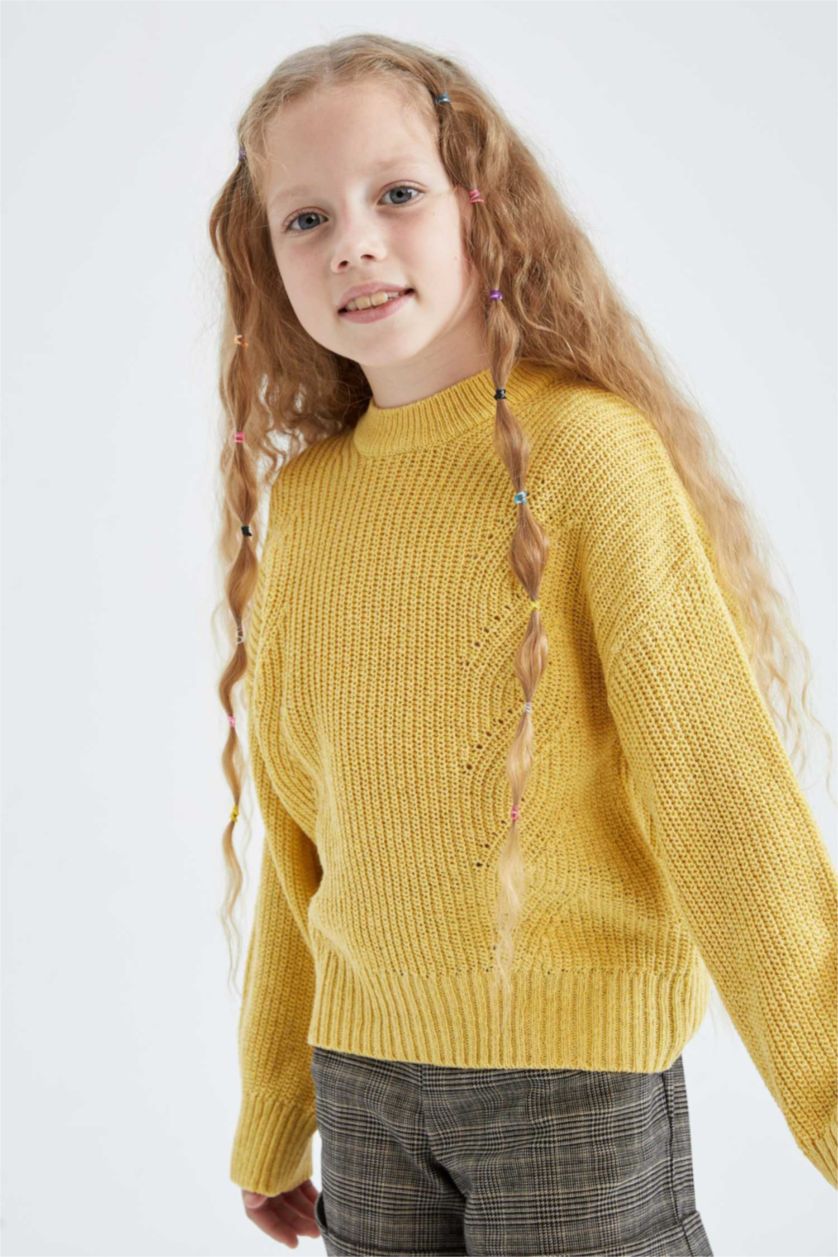 Kız Çocuk - Genç Kız Sarı Kız Çocuk Regular Fit Bisiklet Yaka  Kazak