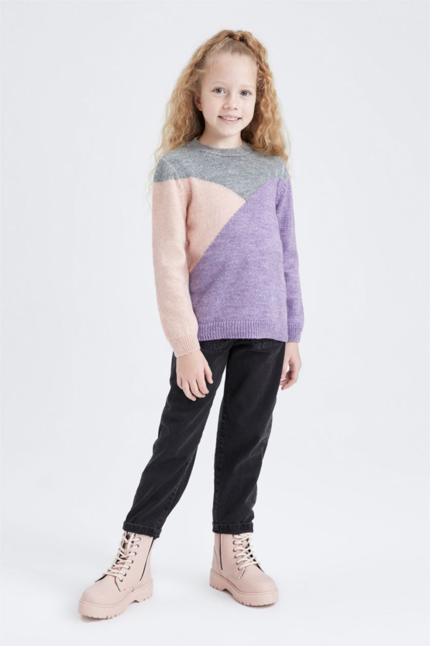 بنات أرجواني بلوز صوف تريكو بناتي قصة عادية بياقة مستديرة