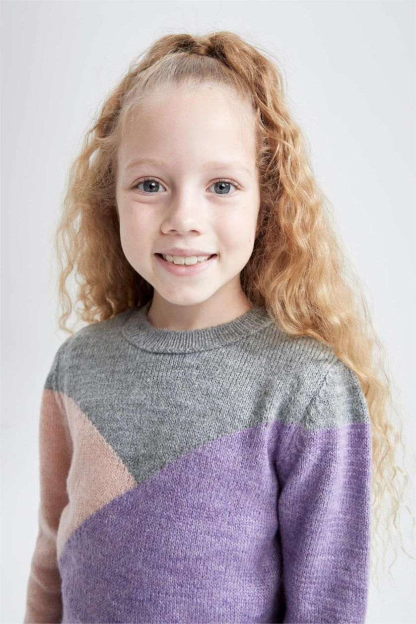 بنات أرجواني بلوز صوف تريكو بناتي قصة عادية بياقة مستديرة