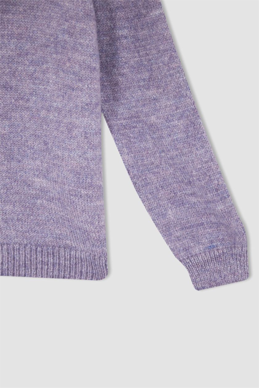 بنات أرجواني بلوز صوف تريكو بناتي قصة عادية بياقة مستديرة