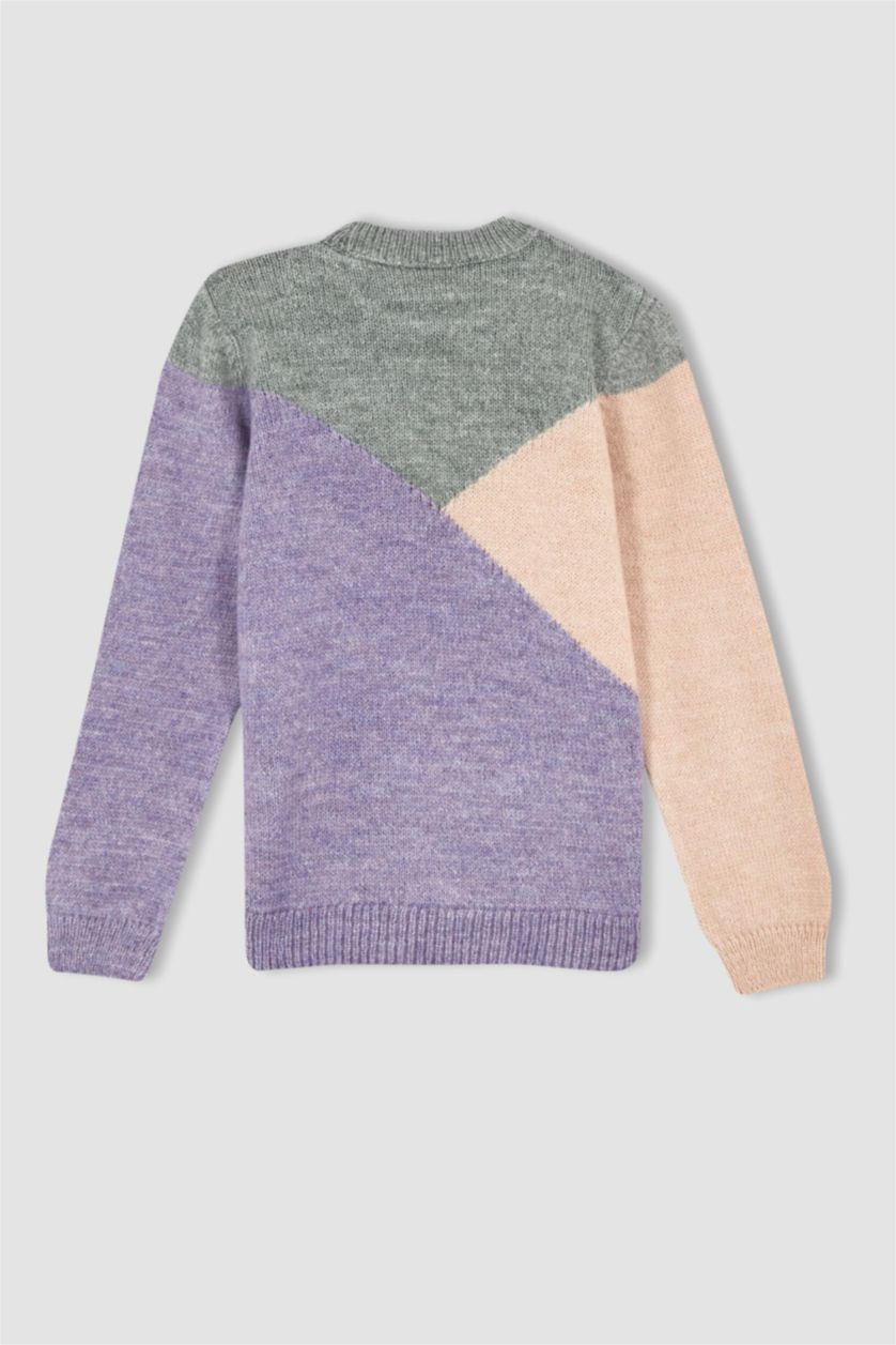 بنات أرجواني بلوز صوف تريكو بناتي قصة عادية بياقة مستديرة