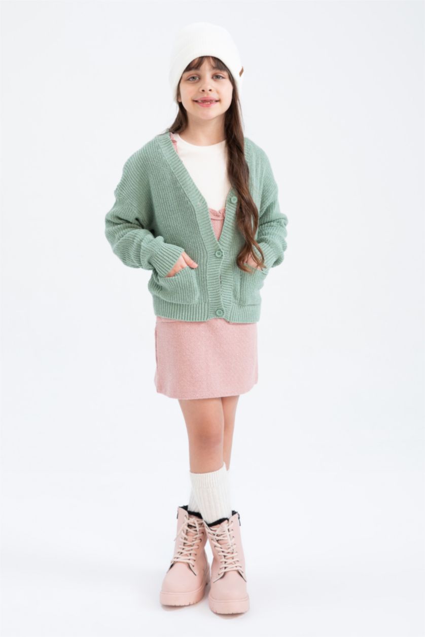 Девочки и подростки Светло-зеленый Кардиган с V-образным вырезом из трикотажа для девочек