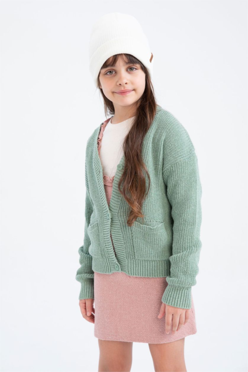 Девочки и подростки Светло-зеленый Кардиган с V-образным вырезом из трикотажа для девочек