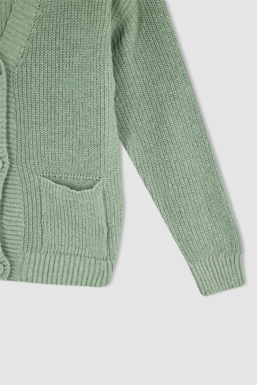 Девочки и подростки Светло-зеленый Кардиган с V-образным вырезом из трикотажа для девочек