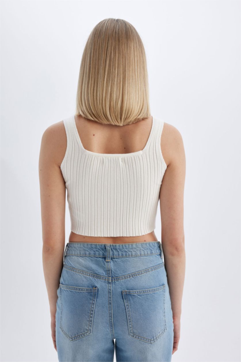 WOMAN Ecru Slim Fit Square Neck Knitted Crop Top
