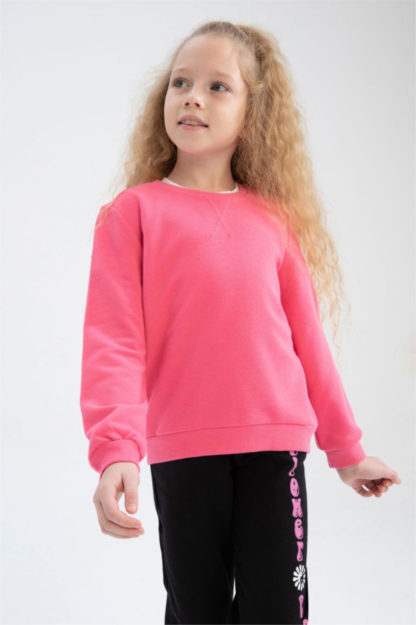 Kız Çocuk - Genç Kız Pembe Kız Çocuk Bisiklet Yaka İçi Yumuşak Tüylü Okul Sweatshirt