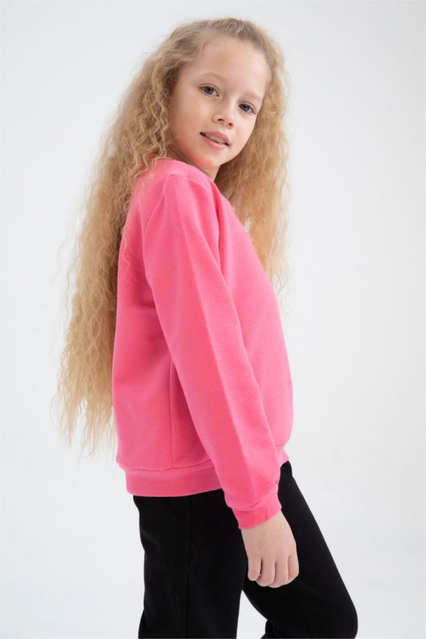 Kız Çocuk - Genç Kız Pembe Kız Çocuk Bisiklet Yaka İçi Yumuşak Tüylü Okul Sweatshirt