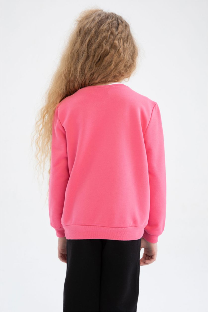 Kız Çocuk - Genç Kız Pembe Kız Çocuk Bisiklet Yaka İçi Yumuşak Tüylü Okul Sweatshirt