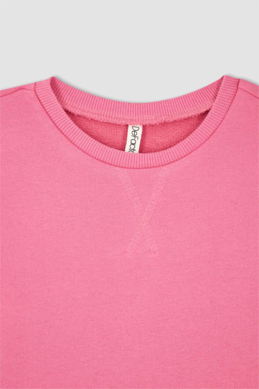 Kız Çocuk - Genç Kız Pembe Kız Çocuk Bisiklet Yaka İçi Yumuşak Tüylü Okul Sweatshirt