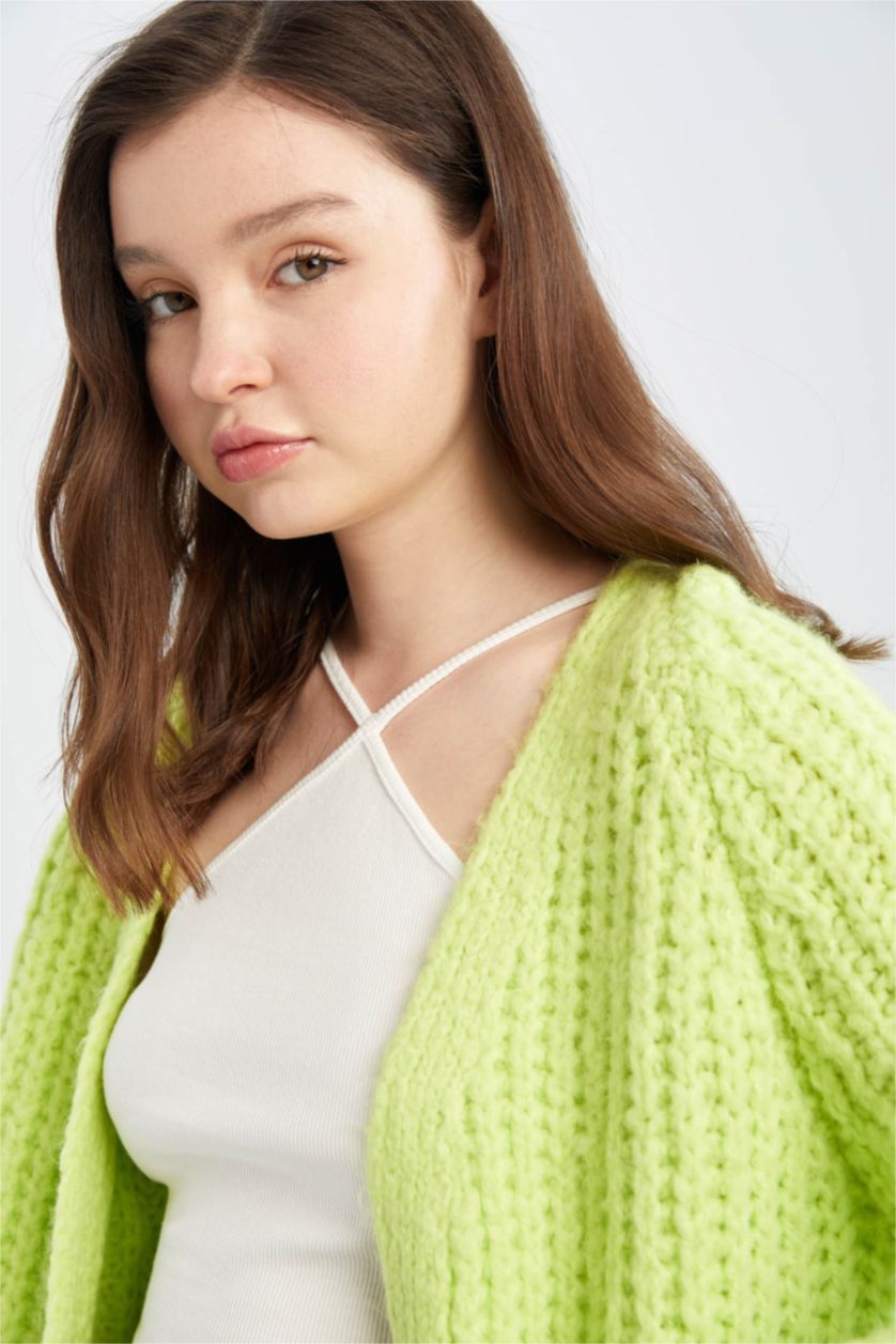 نساء أخضر فاتح سويترتريكو بقصة طويلة بياقة على شكل V بملمس ناعم