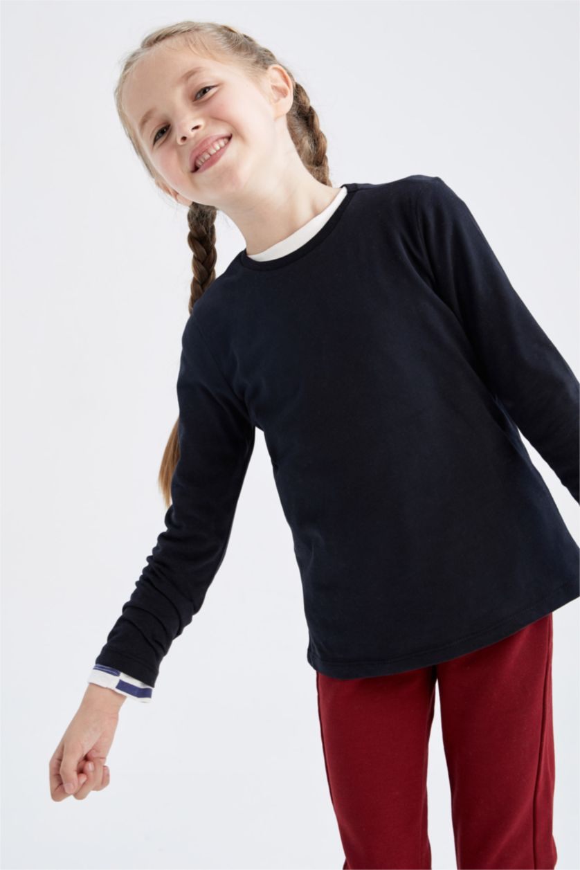 بنات أسود تي شيرت بناتي بقصة عادية ردن طويل