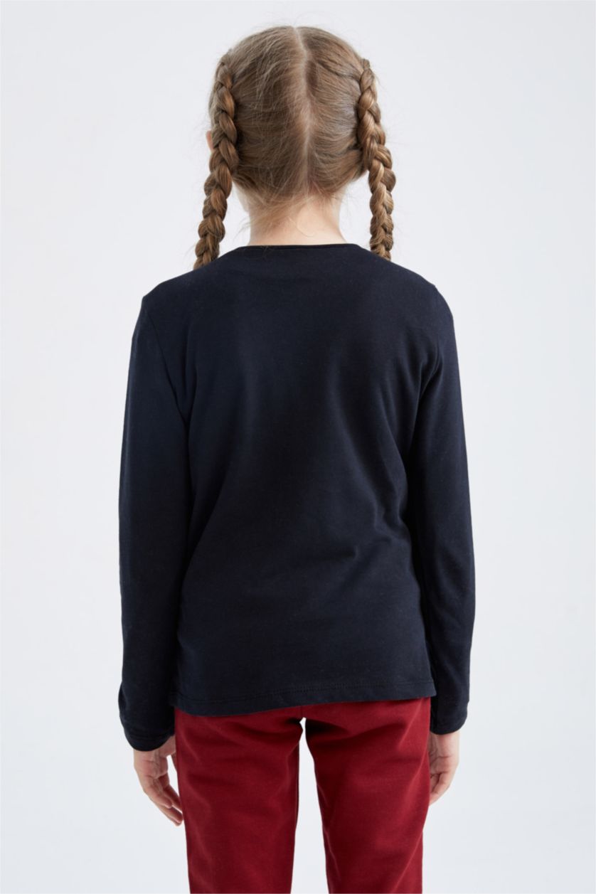 بنات أسود تي شيرت بناتي بقصة عادية ردن طويل