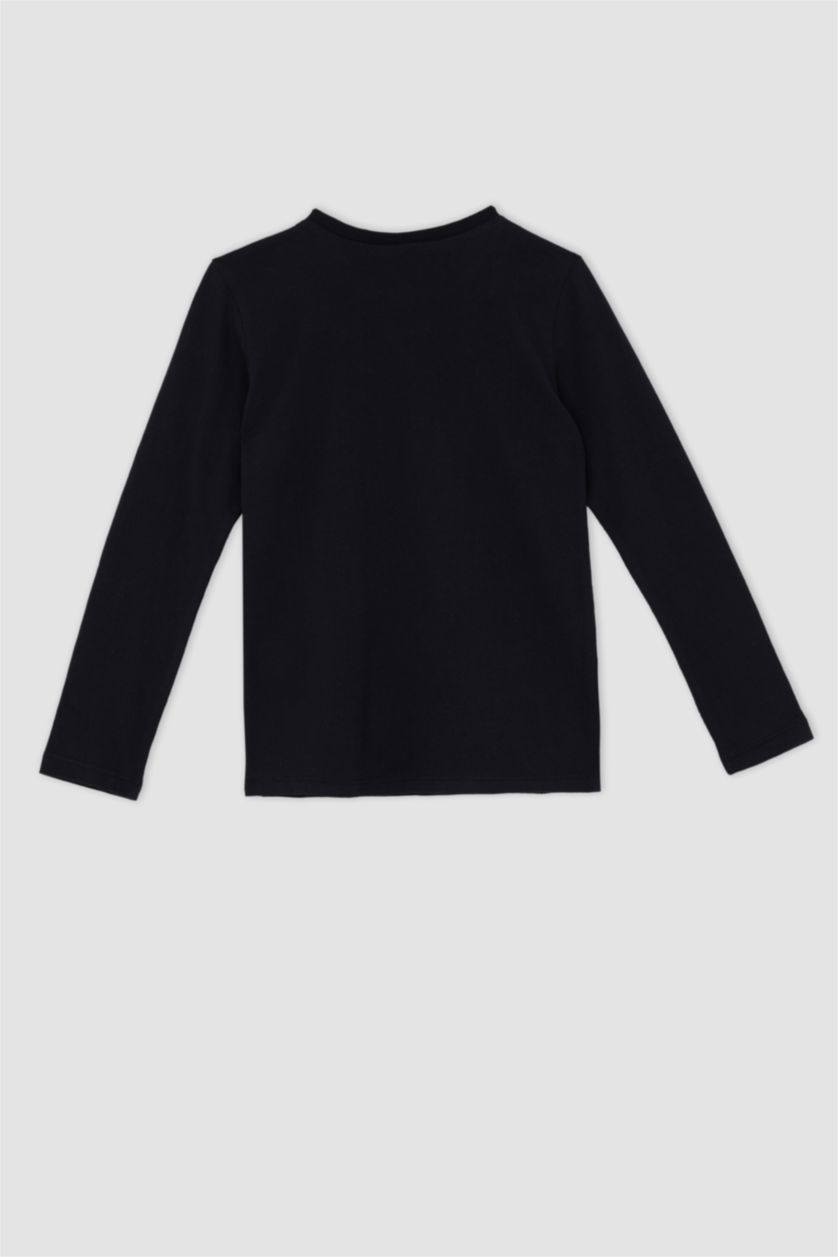 بنات أسود تي شيرت بناتي بقصة عادية ردن طويل