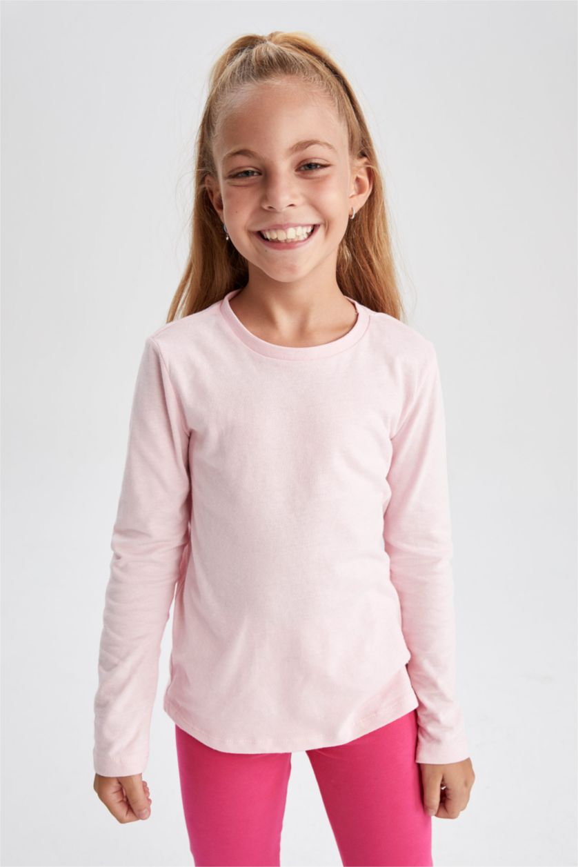 GIRLS & TEENS Light Pink Girl Regular Fit Back To School Crew Neck Long Sleeve Combed Cotton T-Shirt
