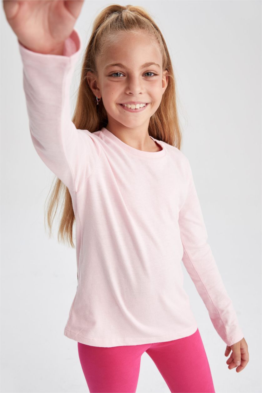 GIRLS & TEENS Light Pink Girl Regular Fit Back To School Crew Neck Long Sleeve Combed Cotton T-Shirt
