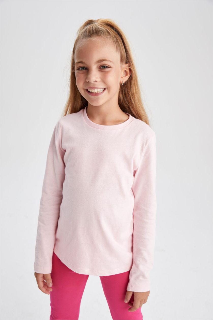 GIRLS & TEENS Light Pink Girl Regular Fit Back To School Crew Neck Long Sleeve Combed Cotton T-Shirt